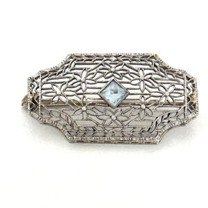 Antique 14K Solid White Gold Aquamarine Intricate Floral Detail Bar Brooch Pin